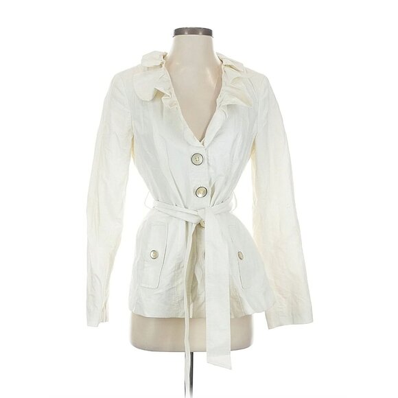 White House Black Market Ivory Ruffle Neck Light Jacket w/Tie + Pockets Size S - Picture 2 of 8